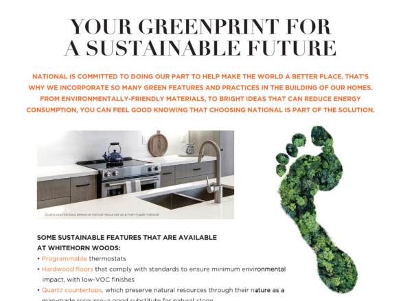 Promotional image for Whitehorn Woods featuring a green footprint and kitchen image. Title: "Your Greenprint for a Sustainable Future." Text highlights sustainable features, including programmable thermostats and hardwood floors, in these new homes in Toronto.