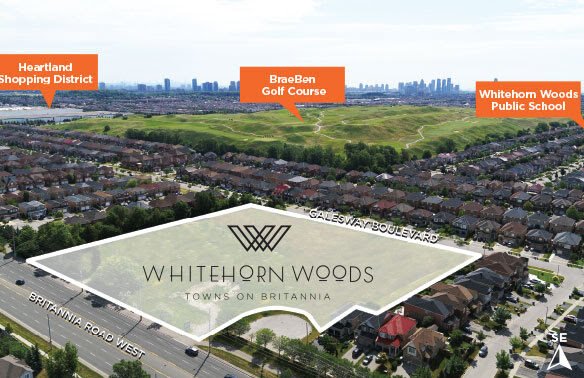 Aerial view of the "Whitehorn Woods" neighborhood highlights new homes near Heartland Shopping District, BraeBen Golf Course, and Whitehorn Woods Public School. Boundaries are defined by Britannia Road and Galesway Boulevard.