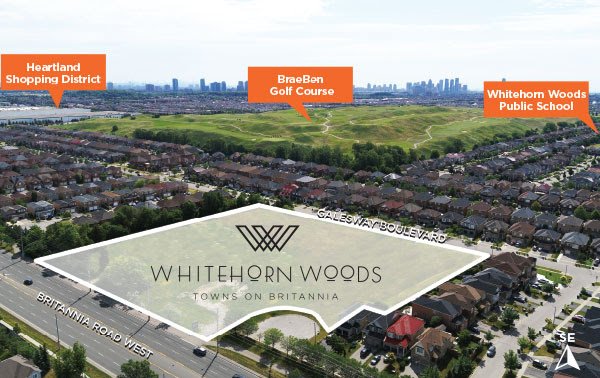 Aerial view of the "Whitehorn Woods" neighborhood highlights new homes near Heartland Shopping District, BraeBen Golf Course, and Whitehorn Woods Public School. Boundaries are defined by Britannia Road and Galesway Boulevard.