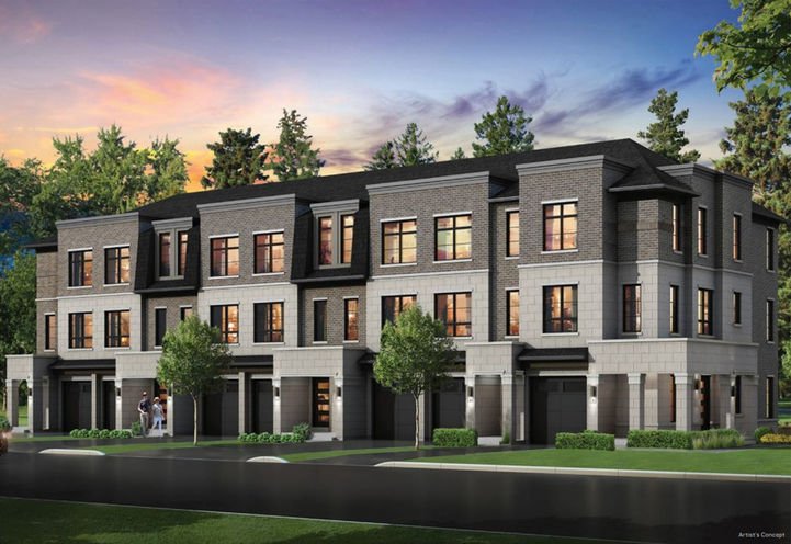 A modern three-story townhouse complex with large windows and a dark gray brick exterior stands proudly, enveloped by trees. Two people linger near the garage, while the sky paints a vibrant mix of orange and purple, suggesting sunset. These new homes in Toronto offer a perfect blend of style and comfort.