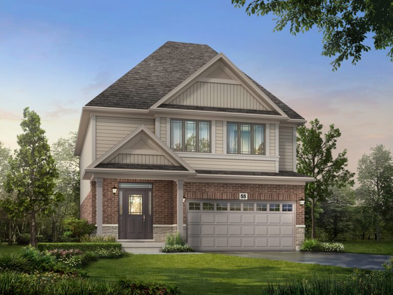 Discover this stunning two-story house with a brick and siding exterior, gray shingle roof, and a spacious double garage. Nestled amidst lush lawns and trees under a clear sky, it’s one of SG Homes' finest new homes in Beamsville, offering both elegance and tranquility.