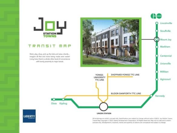 The transit map for Joy Station Towns is displayed, tracing lines from Kipling to Lincolnville and Kennedy. The image features a rendering of modern townhomes and promotional text, with the Liberty Development logo in the bottom left corner.