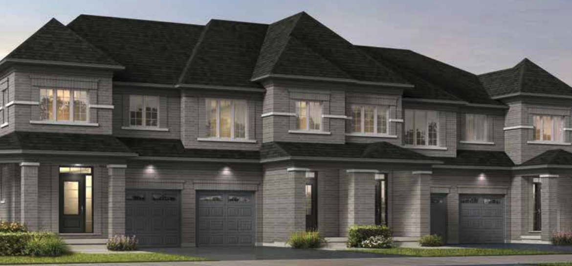 Discover the charm of modern townhouses with multiple units, each boasting two stories, large windows, and attached garages. Featuring a stylish gray brick exterior and small front lawns with minimal landscaping, these new homes in Brampton offer the perfect blend of comfort and style.