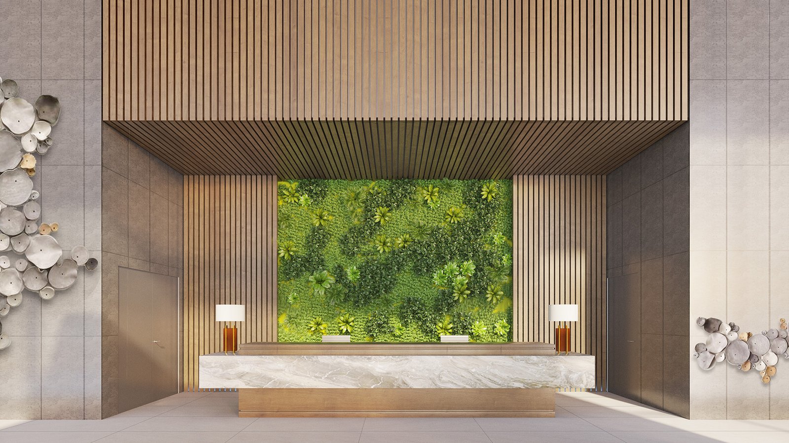 Experience the elegance of new homes with a modern lobby featuring a large green plant wall behind a marble reception desk. The architecture includes wooden panels and sculptures on gray walls, while two lamps with white shades add to the minimalist atmosphere.