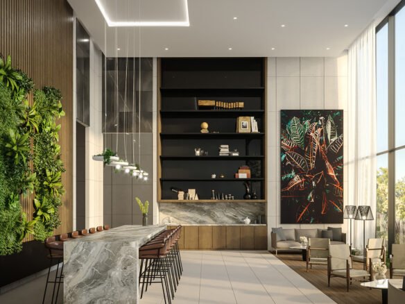 Discover this modern lounge in the new condos in Brampton, where high ceilings complement a marble bar top with stylish barstools. A vertical garden wall and large abstract artwork add flair, while tall windows flood the space with natural light. Enjoy seating areas adorned with chic decor.
