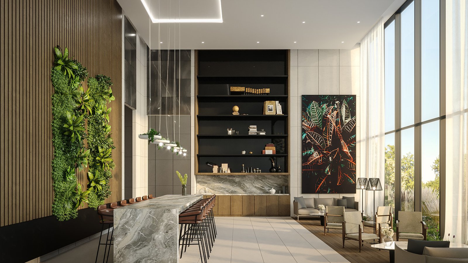 Discover this modern lounge in the new condos in Brampton, where high ceilings complement a marble bar top with stylish barstools. A vertical garden wall and large abstract artwork add flair, while tall windows flood the space with natural light. Enjoy seating areas adorned with chic decor.