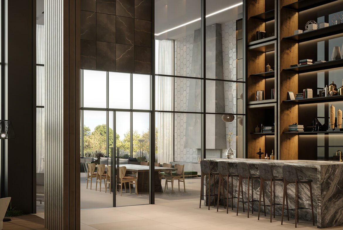 Discover luxurious modern interiors in new homes, featuring high ceilings and large windows. The space includes a marble kitchen island with bar stools and open shelving adorned with decorative items. A bright dining area with a table and chairs completes this elegant setting, enhanced by abundant natural light.