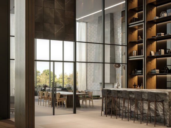 Discover luxurious modern interiors in new homes, featuring high ceilings and large windows. The space includes a marble kitchen island with bar stools and open shelving adorned with decorative items. A bright dining area with a table and chairs completes this elegant setting, enhanced by abundant natural light.