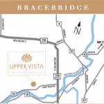 Map of Bracebridge featuring Upper Vista condos marked with a gold plaque. Illustrated roads include 118 West, 37, and 42, with nearby rivers shown in blue. Upper Vista is labeled as "Luxury Homes on the Muskoka River.