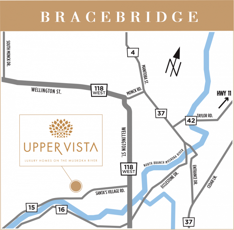 Map of Bracebridge featuring Upper Vista condos marked with a gold plaque. Illustrated roads include 118 West, 37, and 42, with nearby rivers shown in blue. Upper Vista is labeled as "Luxury Homes on the Muskoka River.