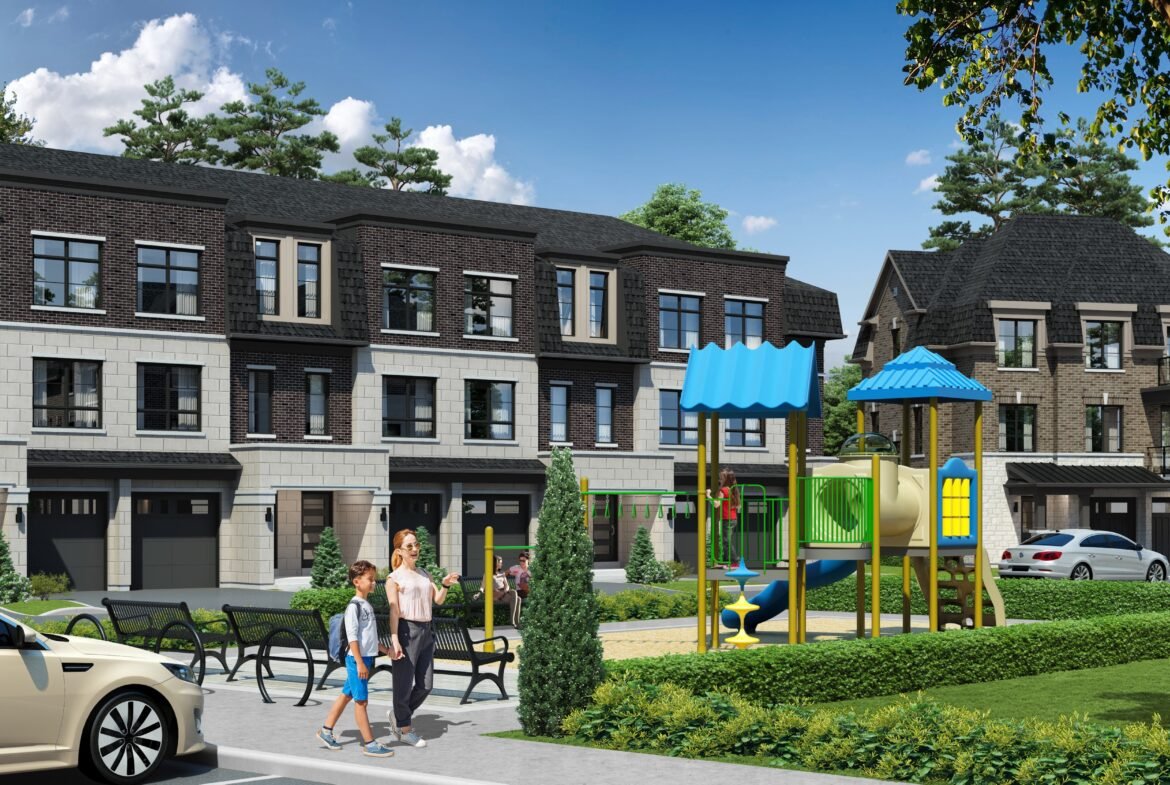 A couple strolls along a path in front of a row of modern townhouses. To their right is a small playground with slides and climbing structures. A car is parked nearby, and trees frame the scene under a clear blue sky, creating an inviting setting for new condos in Brampton.