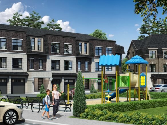 A couple strolls along a path in front of a row of modern townhouses. To their right is a small playground with slides and climbing structures. A car is parked nearby, and trees frame the scene under a clear blue sky, creating an inviting setting for new condos in Brampton.