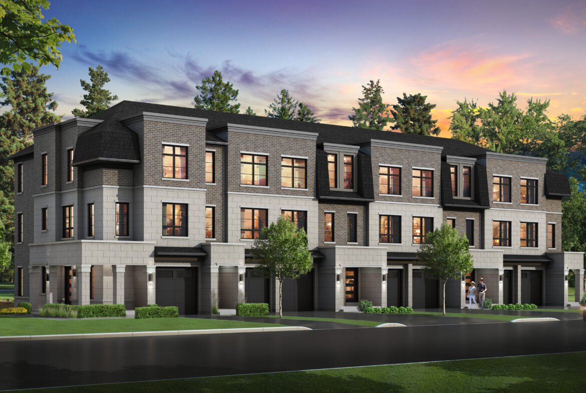 Set against a vibrant sunset sky, this modern three-story townhouse complex in Brampton boasts large windows and a striking brick exterior. Surrounded by tall trees, it offers the charm of new condos while a car is parked neatly to the right.