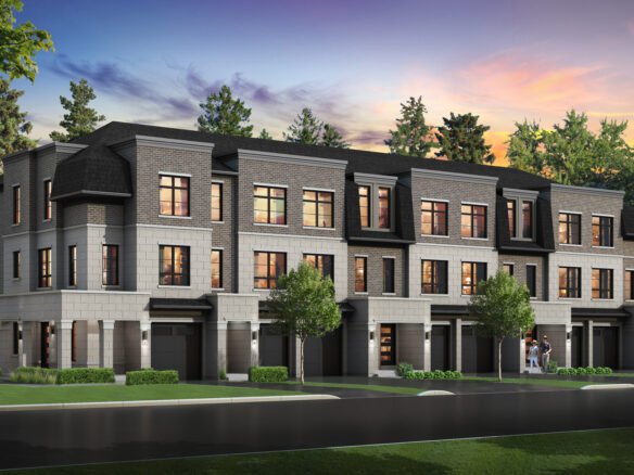 Set against a vibrant sunset sky, this modern three-story townhouse complex in Brampton boasts large windows and a striking brick exterior. Surrounded by tall trees, it offers the charm of new condos while a car is parked neatly to the right.
