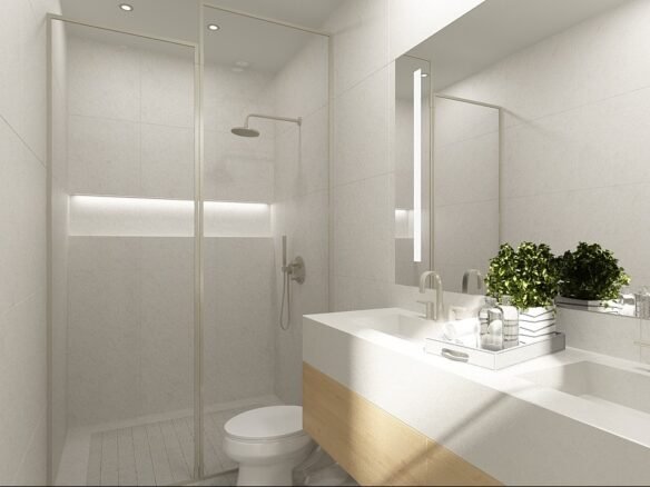 Discover this sleek, modern bathroom in a new home in Toronto. It boasts a spacious walk-in shower with a glass door and a white toilet beside a large countertop with dual sinks. A potted plant injects greenery into the minimalist design, while neutral tones enhance the clean aesthetic.
