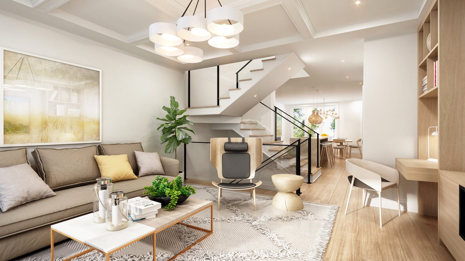 A modern living room features a beige sofa, cushions, and a decor-topped coffee table. A staircase ascends to the upper floor. With a plant, abstract art, wooden furniture, and dining area in the background, this bright space reflects the elegance of new condos in Brampton.