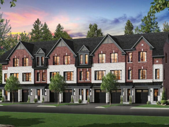 A row of modern townhouses at dusk, featuring brick and stone facades. These new homes in Toronto have large windows and garages. The skyline displays a colorful sunset, and trees elegantly border the residential area.