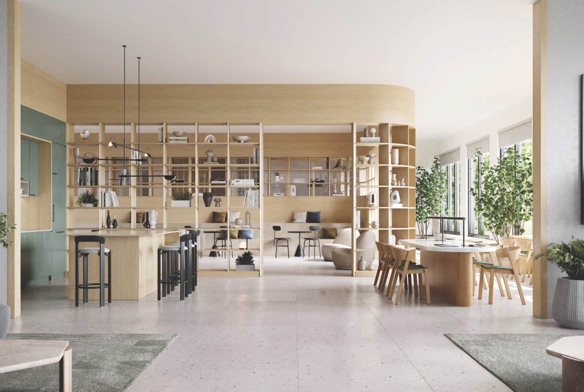 Discover a luxurious, open-plan interior within Above Condos, featuring light wood furniture, potted plants, and expansive windows. This real estate gem includes a library with shelves, a dining area with a long table, and bar seating that artfully blends natural and contemporary design elements.