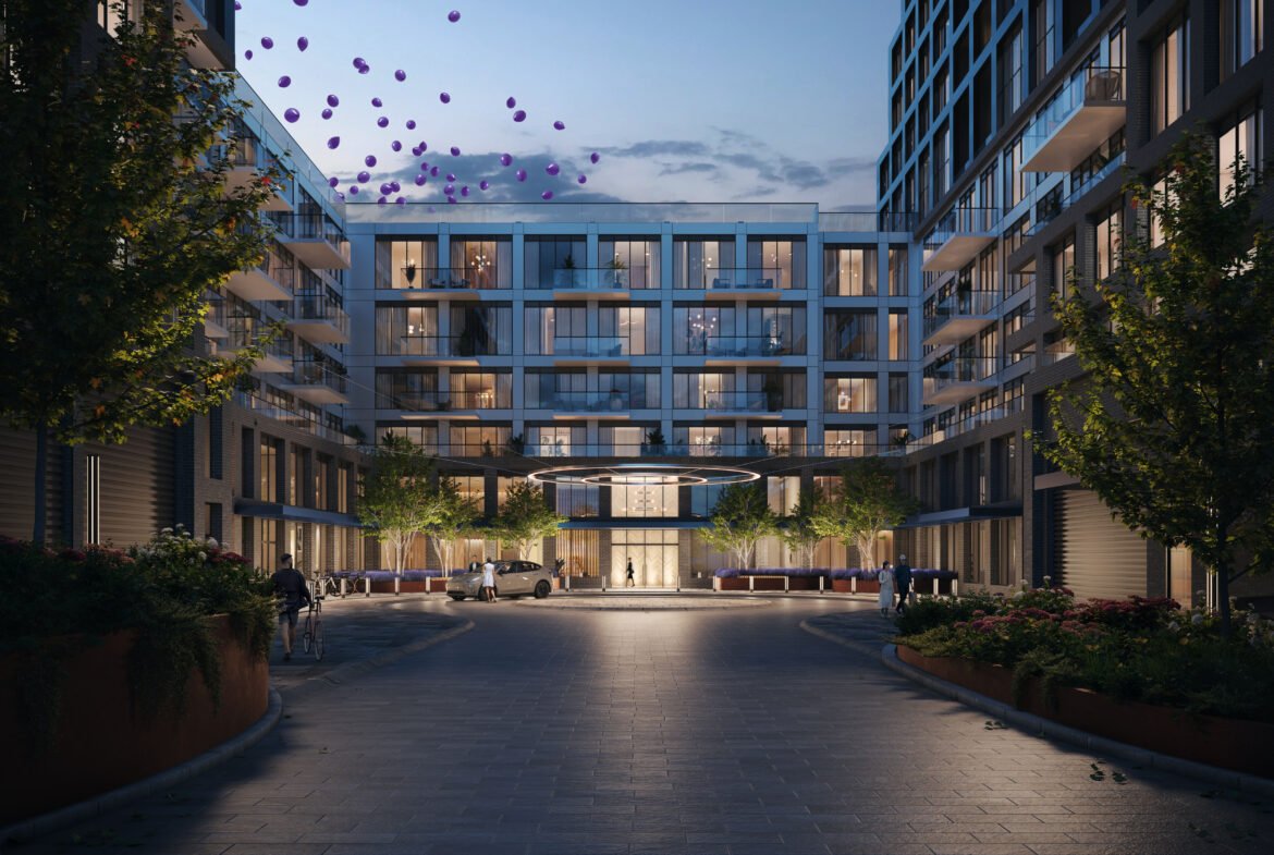 Above Condos is a modern apartment complex with several stories and large windows. The courtyard features trees and purple balloons in the sky. Evening lighting creates a warm atmosphere, and a white car is parked near the entrance, making it an inviting real estate gem.
