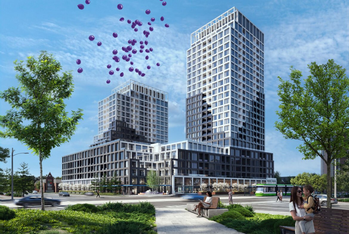 A modern urban scene features two tall, reflective skyscrapers above condos against a blue sky. Purple balloons float gracefully overhead. People stroll and relax in a park with lush green lawns and towering trees, creating a perfect real estate blend of nature and architecture.