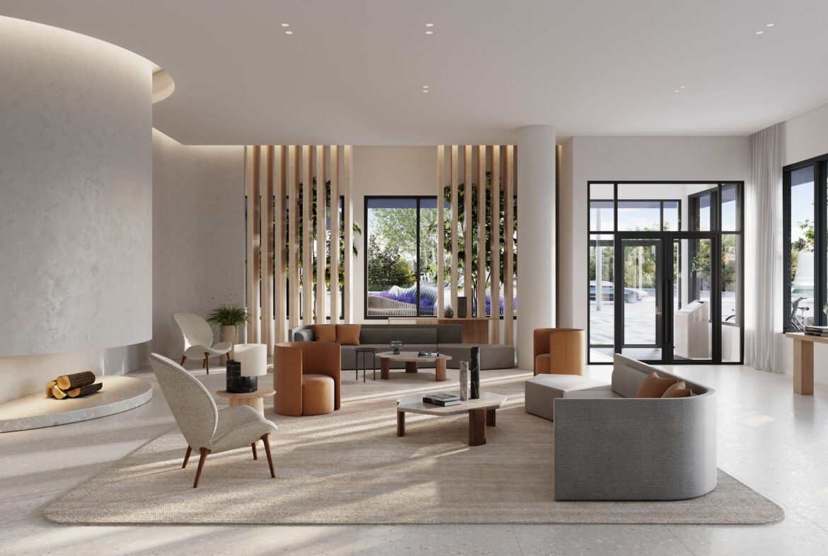 A modern living room in a high-rise condominium features minimalist design, neutral-toned furniture, and a circular fireplace on the left. Large windows illuminate the space with natural light, while wooden accents and greenery enhance the warm, inviting atmosphere—ideal for real estate enthusiasts.
