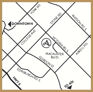 A simple black and white map shows roads and intersections in a grid pattern, with prominent labels like Downtown, Macalister Blvd, Victoria Rd S, and College Ave. It also includes directions to Hwy 6, To 401, and highlights new condos in the GTA for potential homeowners.