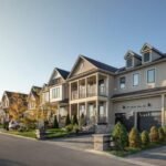 A row of modern suburban houses, including new homes in GTA, with well-maintained lawns and driveways, viewed during daytime under a clear blue sky. Some homes feature front porches and balconies, with small trees and shrubs lining the street.