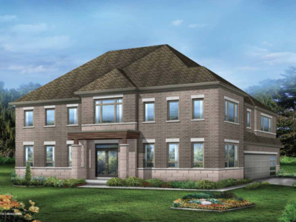 A large two-story brick house with multiple windows and a two-car garage, this gem represents the elegance of new homes in GTA. It's surrounded by a well-kept lawn and garden, set under a blue sky with a few clouds. Trees are visible in the background.