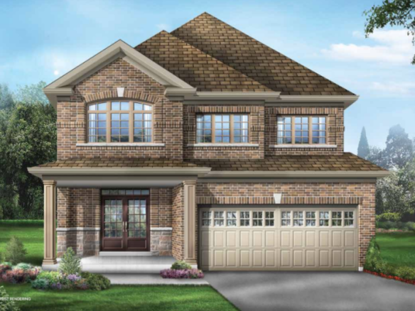 Illustration of a two-story brick house with a gabled roof and a two-car garage. The front showcases large windows and a central door. The landscaped gardens, part of the pre-construction homes design, complement the yard's grass, shrubs, and flowers against a backdrop of trees and sky.