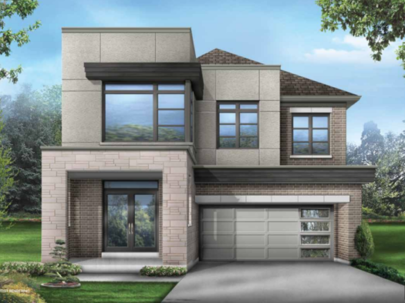 Modern, two-story house with a mix of brick and light-colored paneling. This pre-construction gem features large windows, a double garage, and a neatly landscaped front yard with grass and small plants. A perfect blend of style for new homes under the clear sky with some clouds.