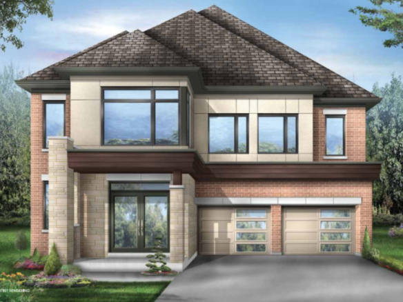 A modern two-story house with large windows, a blend of brick and stonework, and a double garage mirrors the elegance found in the new homes in GTA. The front yard is beautifully landscaped with small bushes and flowers under a clear blue sky.