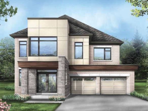 A modern two-story house with a mix of stone, brick, and beige siding awaits in this exquisite new home. It features large windows, a double garage, and a sloped roof. The front yard boasts green grass and trees, all set under a clear blue sky—ideal for those seeking new homes in the GTA.