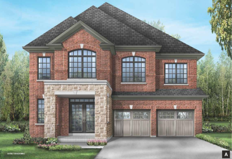 A two-story brick house with large bay windows, a stone accent facade, and a double garage. Surrounded by trees with a front yard featuring a small lawn and flower beds, this charming residence exemplifies the allure of new homes in GTA.