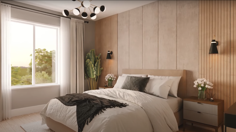A modern bedroom in new homes offers a bed with white and gray bedding. A plant and nightstand with flowers sit on one side, while a large window provides a view of trees. The room is adorned with wood paneling, wall lamps, and a contemporary ceiling light fixture.