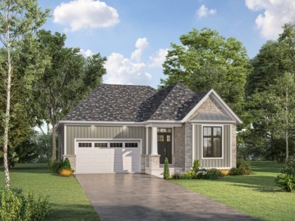 A single-story house by SG Homes showcases a gray roof, stone and siding exterior, and a white garage door. Surrounded by lush greenery under a partly cloudy blue sky, the home features a welcoming driveway leading to the front entrance.