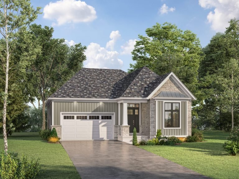 A single-story house by SG Homes showcases a gray roof, stone and siding exterior, and a white garage door. Surrounded by lush greenery under a partly cloudy blue sky, the home features a welcoming driveway leading to the front entrance.