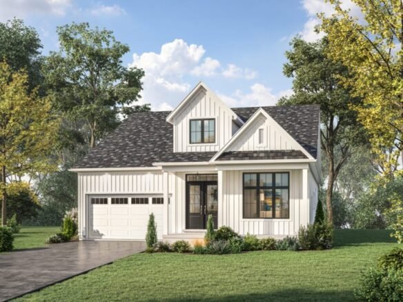 A modern, white farmhouse-style house with black accents features a gabled roof and covered front porch. It offers a manicured lawn, shrubs, and a driveway leading to a two-car garage amidst tall trees—a serene alternative to new condos in the GTA under a partly cloudy sky.