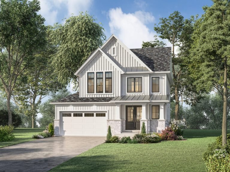 A modern two-story home by SG Homes features a white board and batten exterior, dark roof, and expansive windows. It includes a two-car garage and manicured lawn surrounded by trees, all set beneath a sky of blue with scattered clouds.