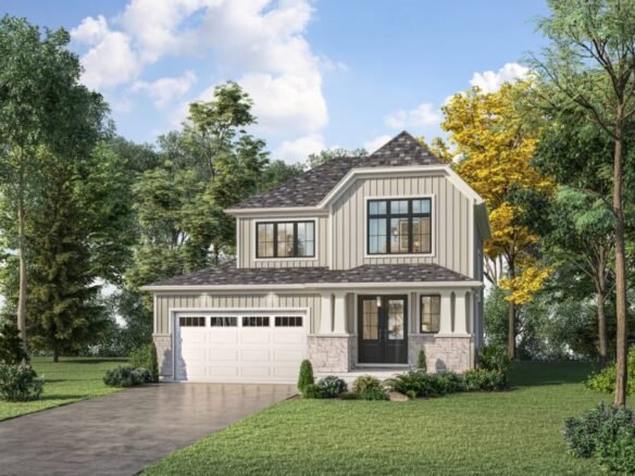 Nestled among trees, this modern two-story abode with gray siding and a shingled roof stands out in the charm of new homes in GTA. Large windows grace the front, alongside a double garage and paved driveway. A manicured lawn, dotted with shrubs, completes the picturesque scene under a clear blue sky.