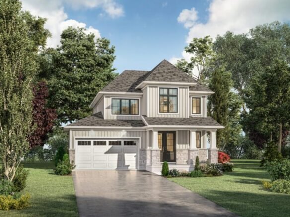 A two-story SG Home with gray and white siding, a front porch, and a gabled roof. It features a two-car garage and is surrounded by grass, trees, and shrubbery under a partly cloudy blue sky.