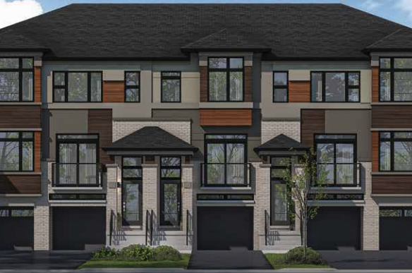 Nestled in Sienna Woods, this modern townhouse complex boasts three connected units with large windows, multi-textured facades, and sleek black garage doors. Surrounded by trees and set against a clear blue sky, these townhomes offer a serene escape in the heart of nature.