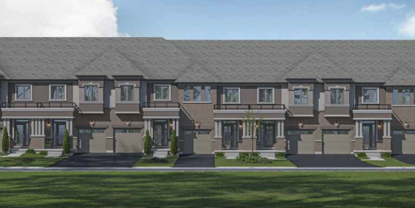 A row of modern, two-story townhouses in Sienna Woods showcases gray exteriors with garages and small front yards. The sky is blue with scattered clouds, and trees line both sides, creating a tranquil setting for these charming towns.