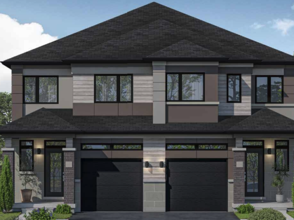 Located in the serene Sienna Woods, this modern two-story duplex boasts matching dark roofs and garage doors. The facade combines gray and beige tones with large windows, surrounded by lush greenery under a clear blue sky, offering a perfect blend of nature and elegance in the Towns community.