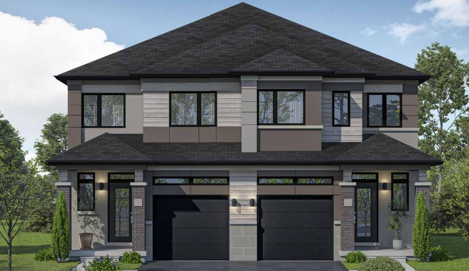 Located in the serene Sienna Woods, this modern two-story duplex boasts matching dark roofs and garage doors. The facade combines gray and beige tones with large windows, surrounded by lush greenery under a clear blue sky, offering a perfect blend of nature and elegance in the Towns community.