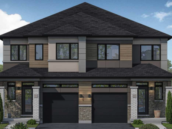 A modern two-story duplex in the serene Sienna Woods, featuring a dark roof with stone and wood accents. Each side boasts a garage, expansive windows, and a charming garden with shrubs. The clear blue sky enhances the peaceful atmosphere of this lovely town setting.