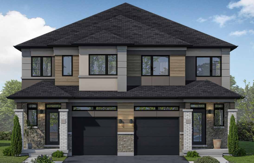 A modern two-story duplex in the serene Sienna Woods, featuring a dark roof with stone and wood accents. Each side boasts a garage, expansive windows, and a charming garden with shrubs. The clear blue sky enhances the peaceful atmosphere of this lovely town setting.