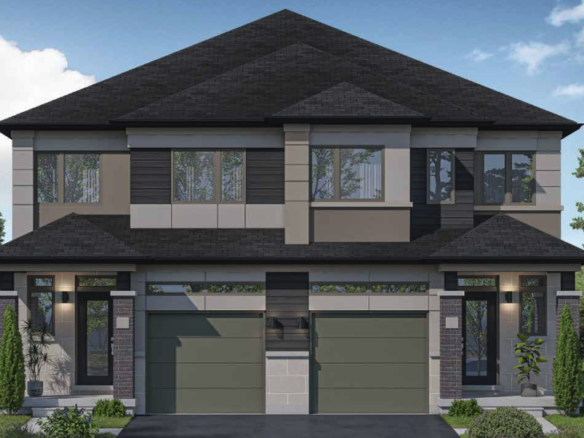 A modern two-story duplex in Sienna Woods boasts a dark roof, neutral-toned exterior, and two green garage doors. Large windows and sleek lines define the architecture. The front yard features small shrubs and trees, with a paved driveway leading to the garages, enhancing its suburban charm.
