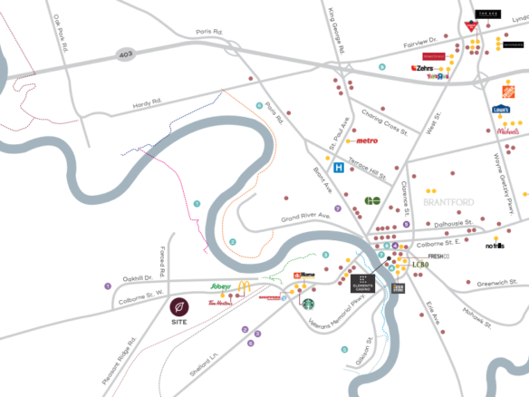 Map of Brantford showing various landmarks, including the charming district of Sienna Woods. The Grand River flows gracefully through the map, with icons indicating stores and restaurants. Streets, parks, and businesses are clearly marked along with essential pathways connecting nearby towns.
