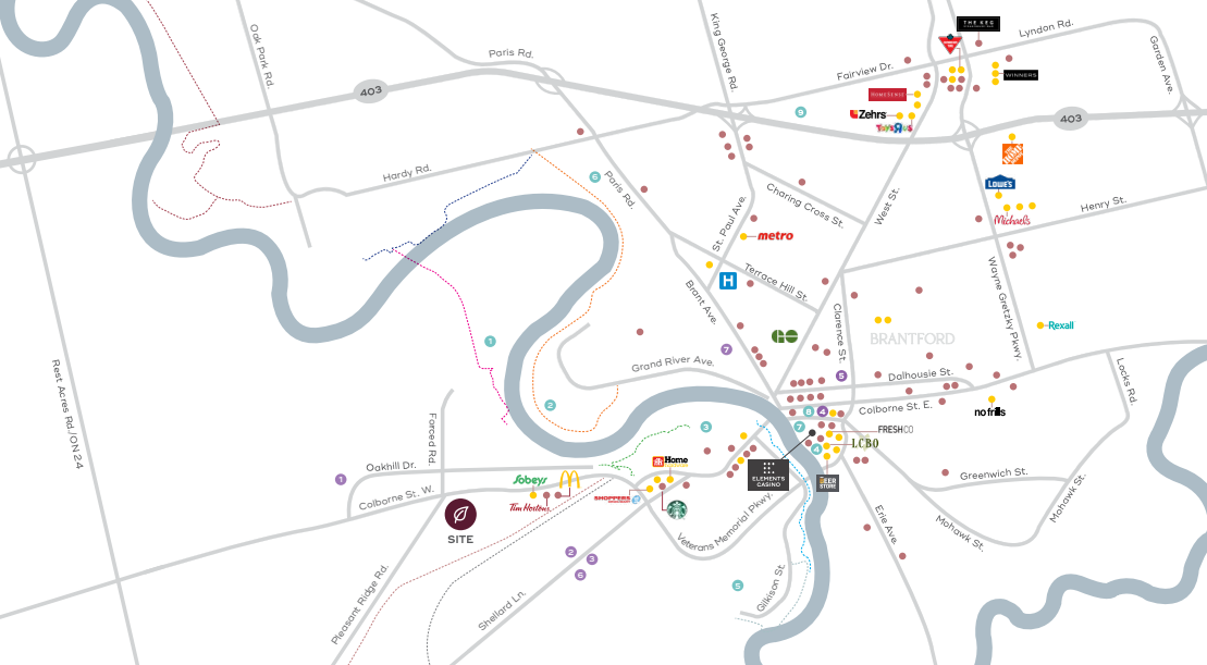 Map of Brantford showing various landmarks, including the charming district of Sienna Woods. The Grand River flows gracefully through the map, with icons indicating stores and restaurants. Streets, parks, and businesses are clearly marked along with essential pathways connecting nearby towns.