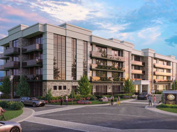 A modern four-story apartment building with large windows, balconies, and surrounding greenery stands proudly as Muskoka Condos. People are walking and cars are parked in the front driveway. The sky is partly cloudy with a hint of blue. A sign with "Upper Vista Muskoka" is visible near the entrance.